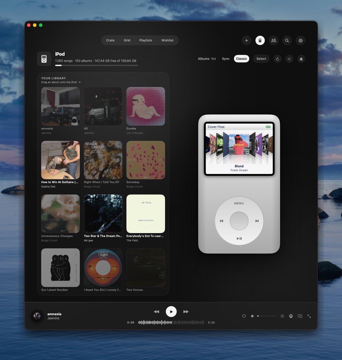 Cabin moving music to and from a real iPod, with a Cover Flow display