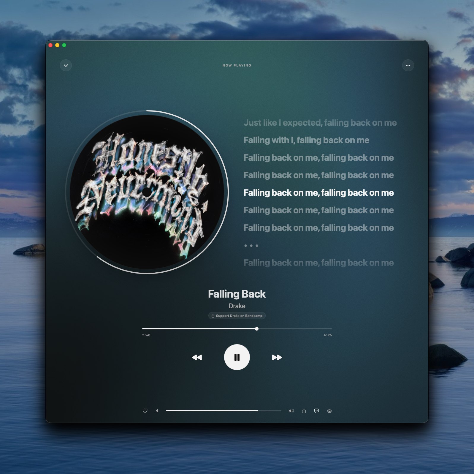 Cabin's Now Playing screen with time-synced lyrics scrolling beside the spinning record