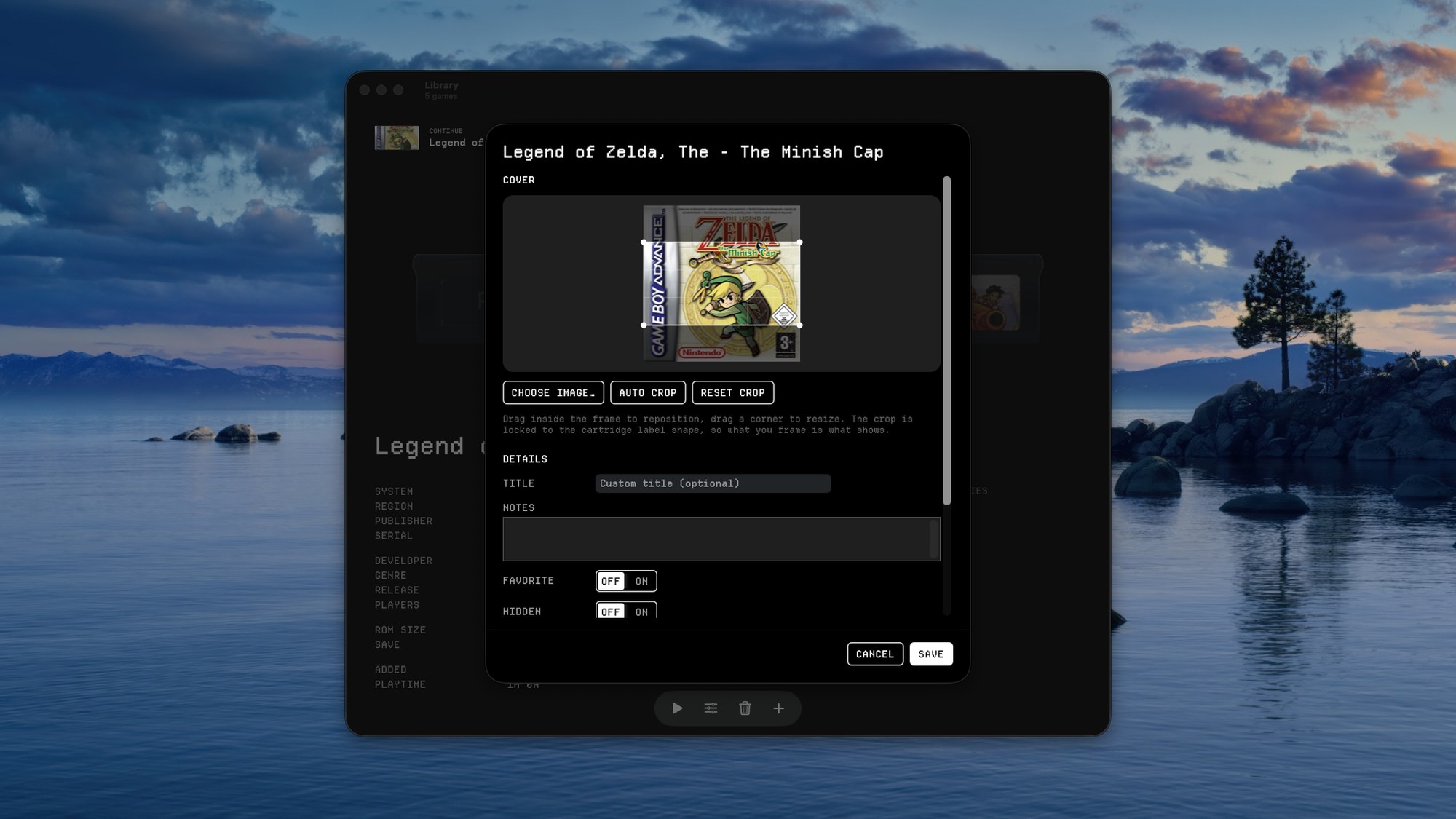 Encore's edit-game panel, cropping a cartridge cover with a custom title, notes, favourite and hidden toggles
