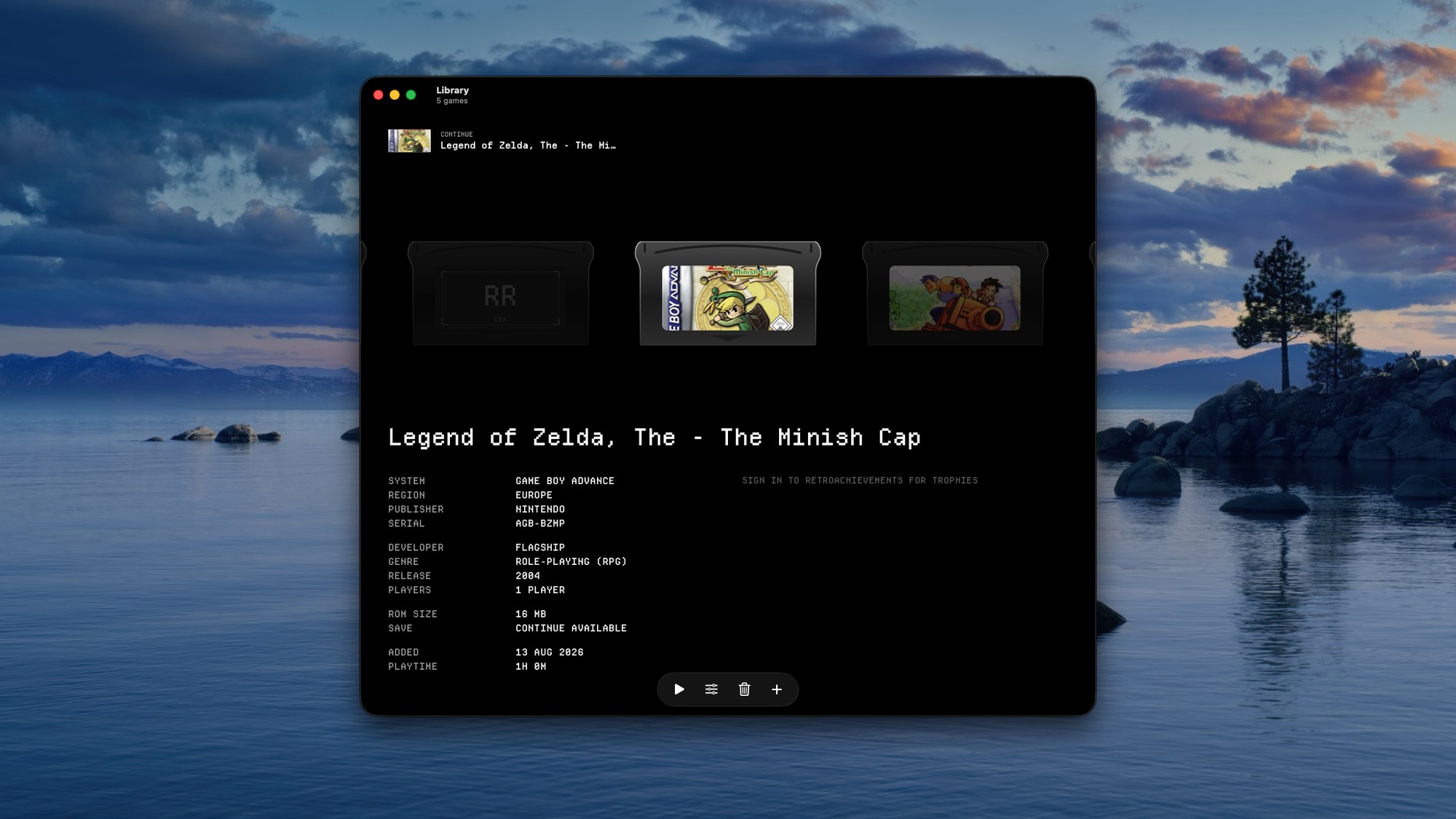 Encore's library — a carousel of cartridges with the selected game's system, region, publisher and details