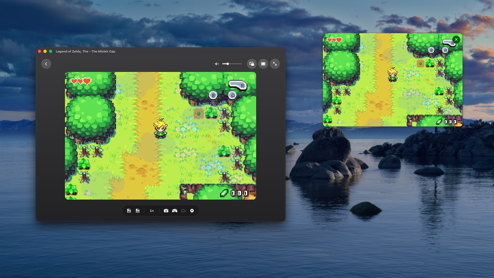 A game running in Encore's main window with a second copy popped out into a small floating, always-on-top picture-in-picture window