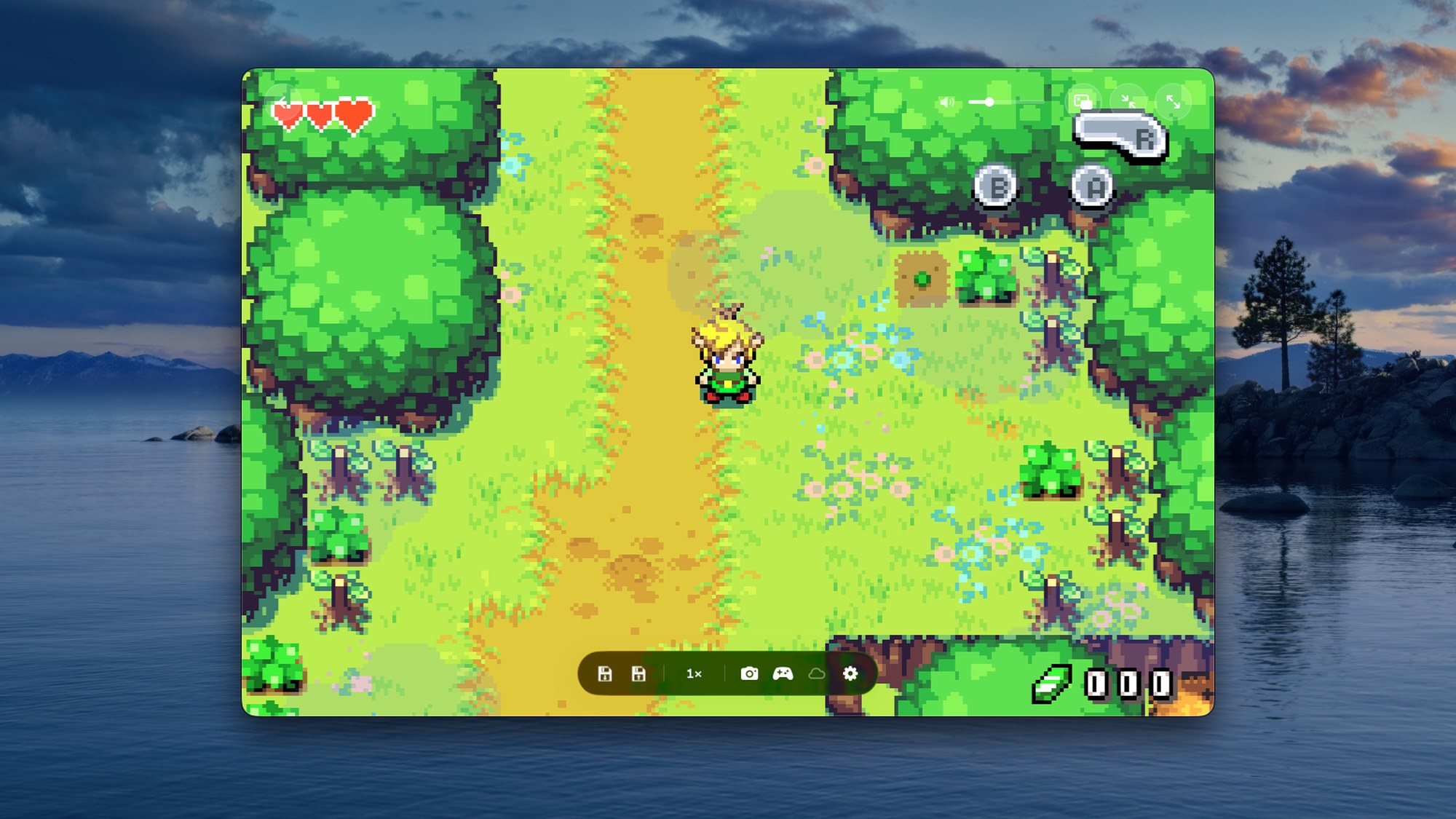 A Game Boy Advance game running in Encore at full speed, with on-screen controls, save-state and speed buttons in the play toolbar