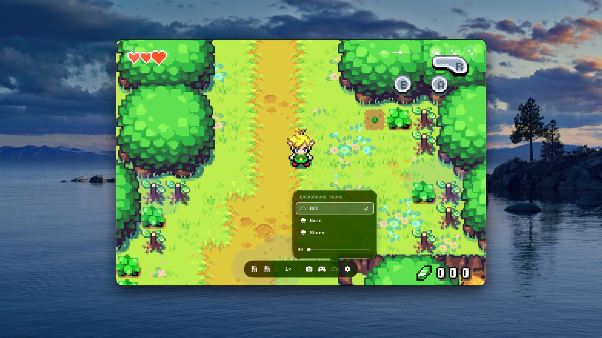 Encore playing with the background-sound menu open, offering off, rain or storm ambience with a volume slider