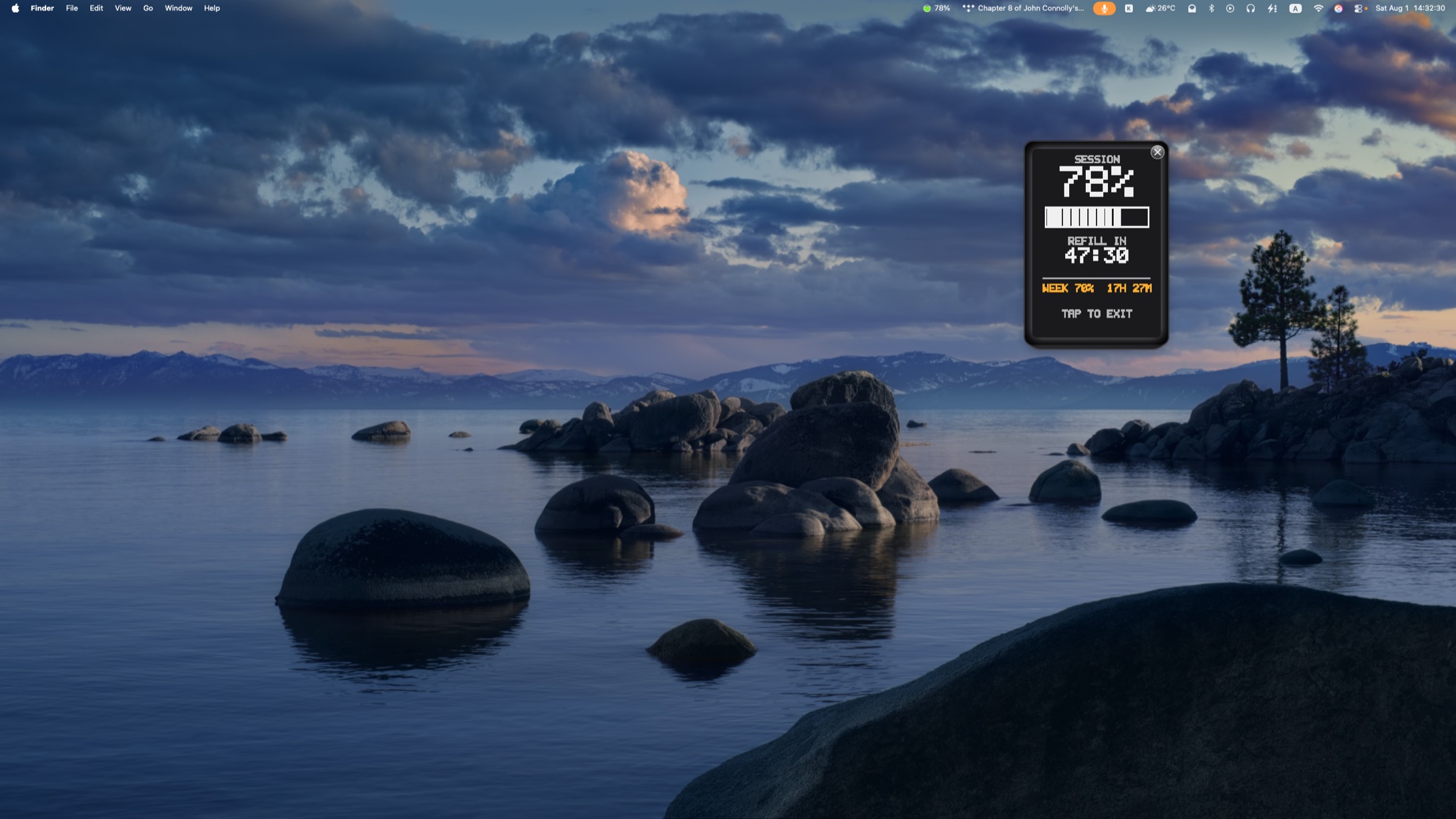 Token Fuel widget floating on the desktop showing 78% session with a refill countdown