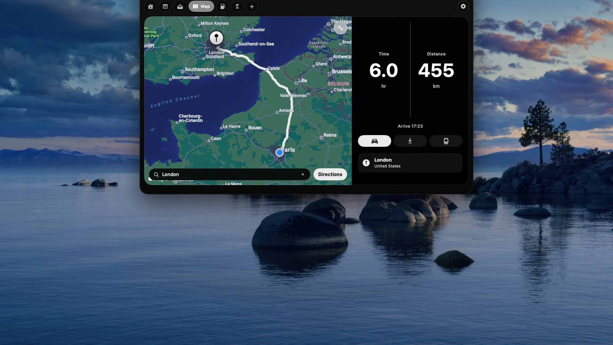 All in a notch Map tab showing a city map with nearby coffee, food, gas, bars, grocery and transit, plus recent places