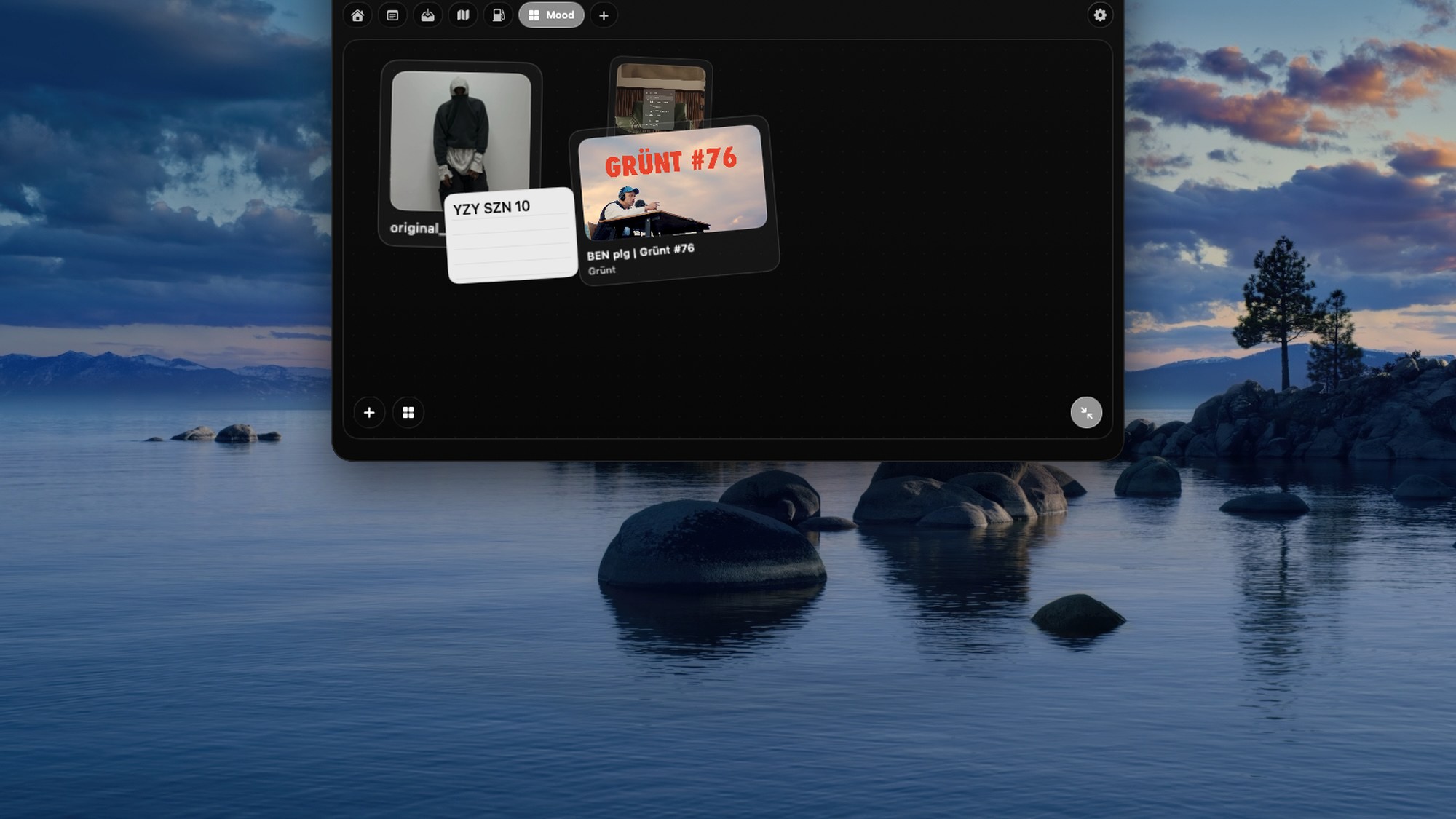 All in a notch Mood tab — a moodboard of images, an are.na card and a note