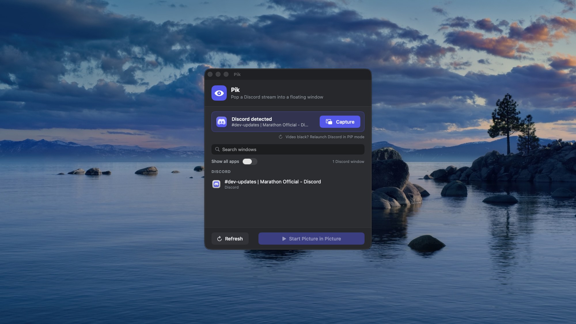 Pik floating on the desktop, showing a detected Discord stream ready to pop into picture in picture
