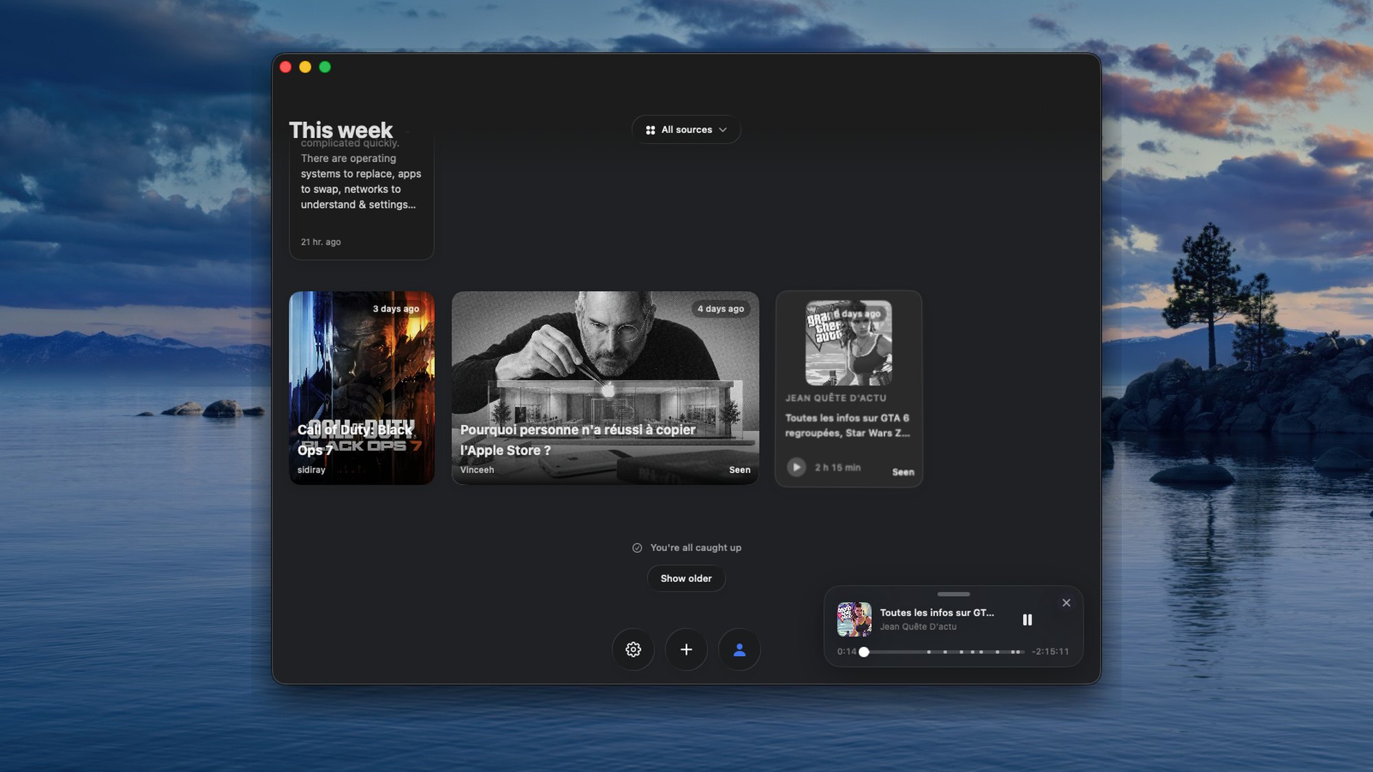 Reed floating podcast mini-player over the feed