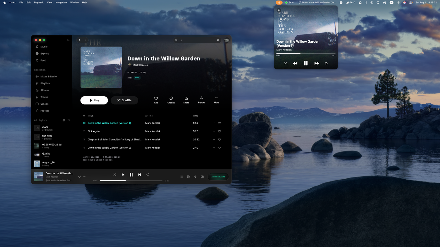 Tidal mini player floating on the desktop beside the full TIDAL app