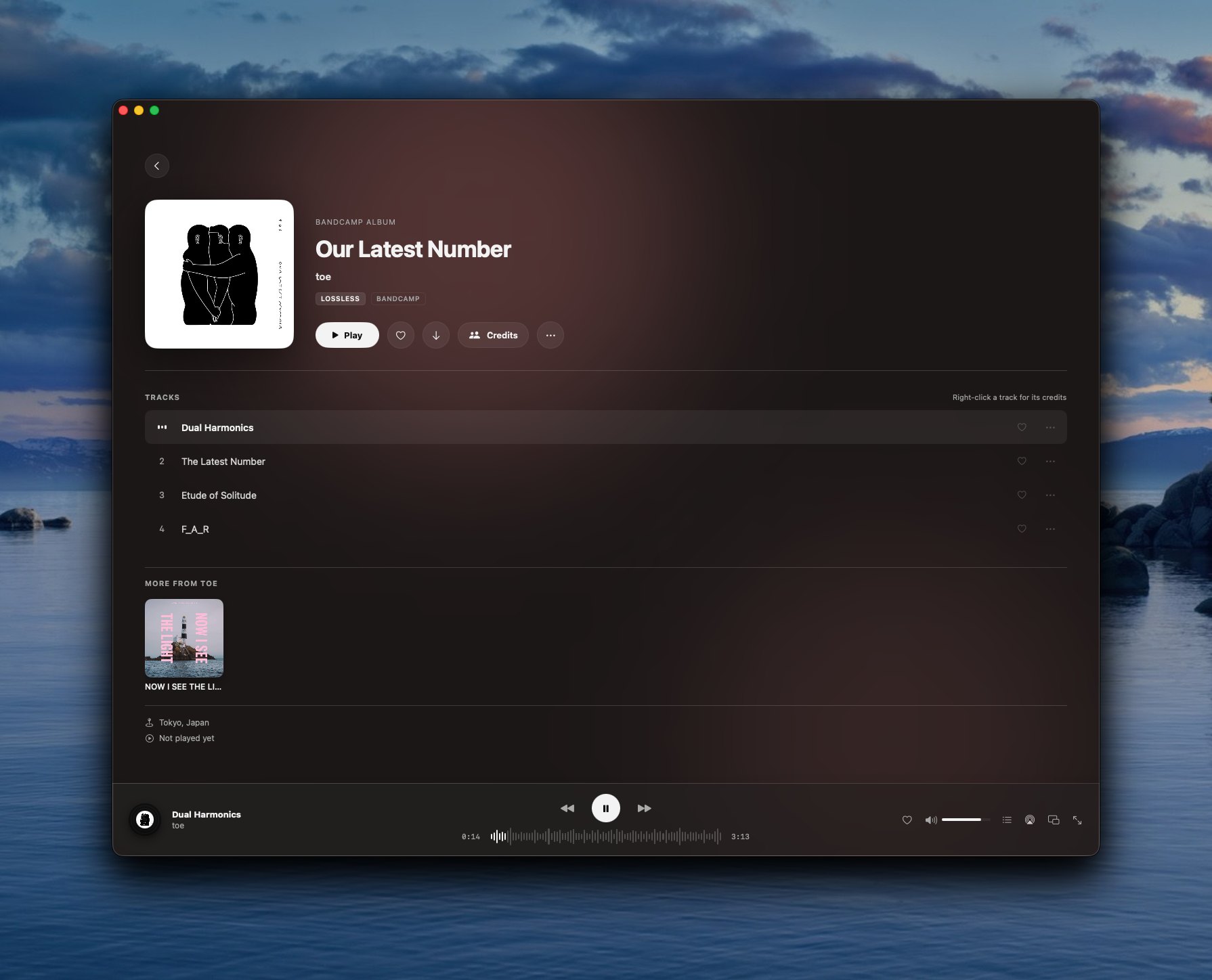 Yoin's album view — the track list for an album with play, download and credits