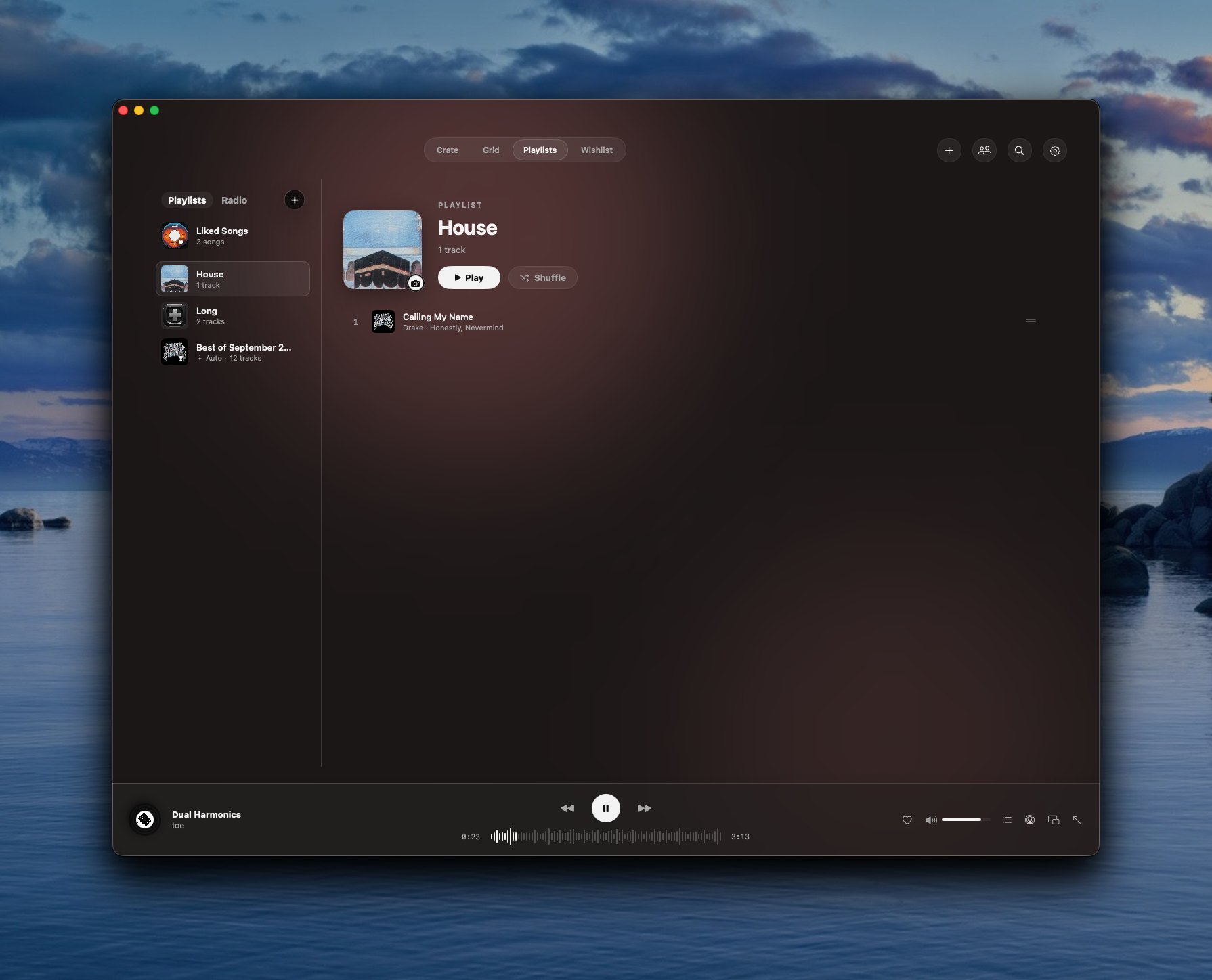 Yoin's Playlists view — Liked Songs, hand-made playlists and an auto-updating smart playlist