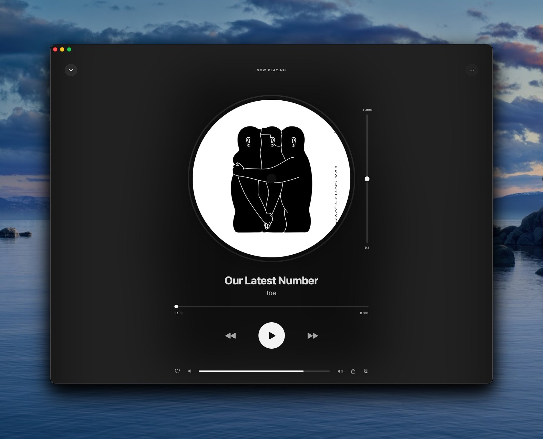 Yoin's turntable Now Playing — the record on a platter with a DJ speed fader
