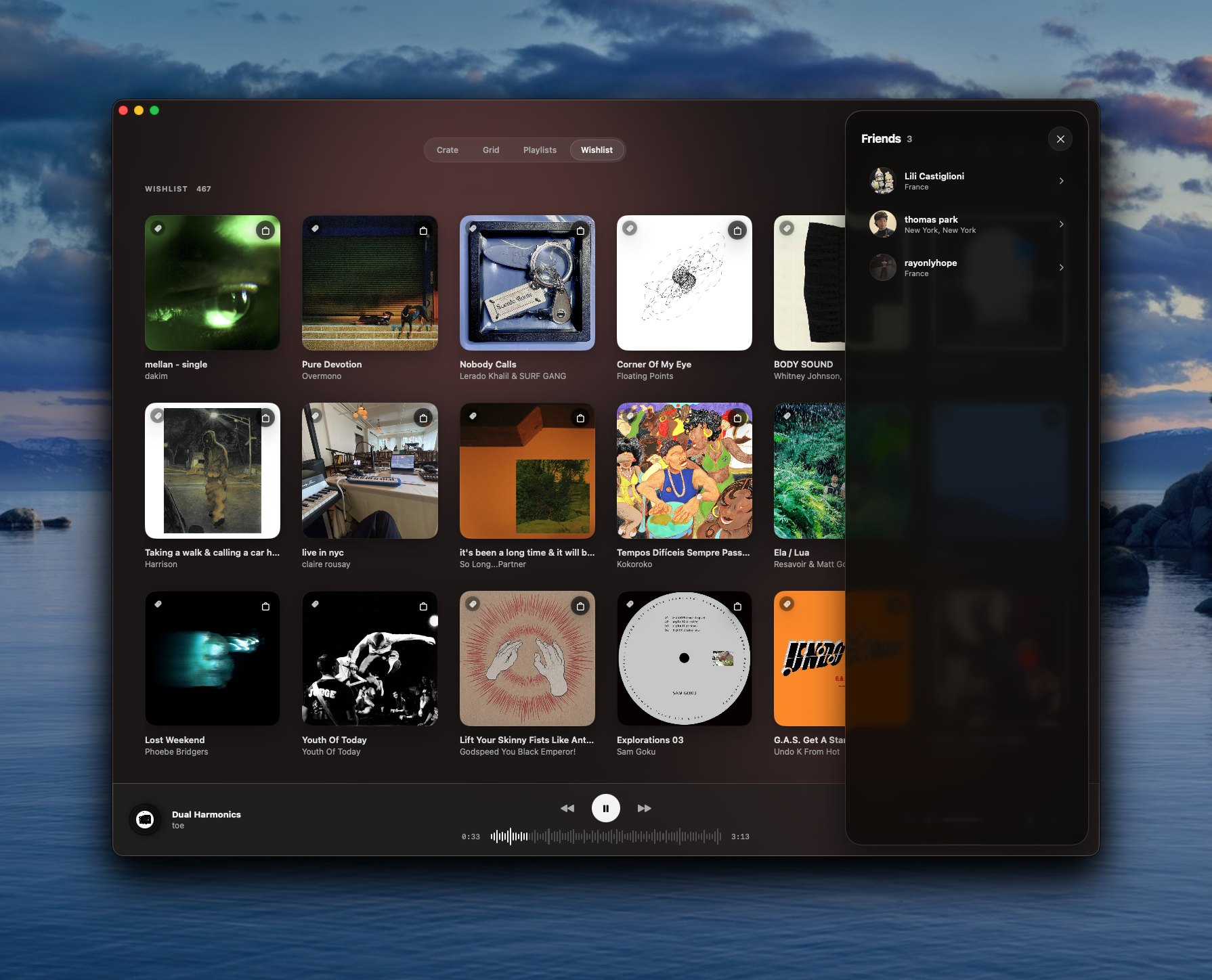 Yoin's Wishlist — a wall of album artwork you want, with a Friends panel open